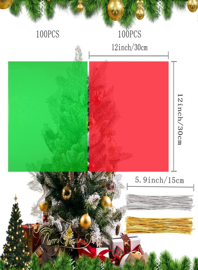 Shitailu 200Pcs Cellophane Sheets Christmas Plastic Wrap 2 Mix Colors Translucent Holiday Color Green, Red for Easter X-Mas Valentines DIY Craft Present Wrap Treats, Baskets, 12 x 12 inch (Christmas) - Image 2